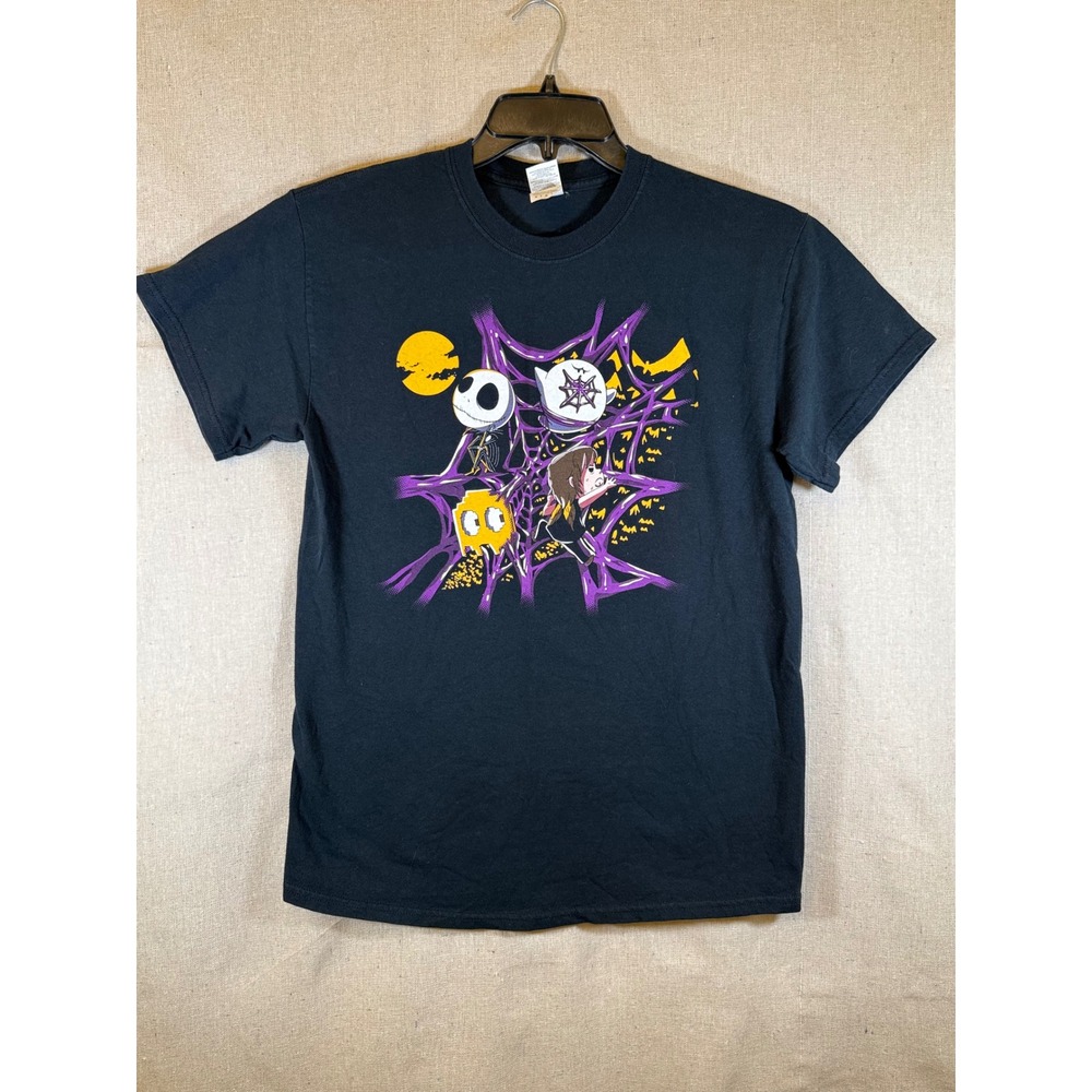 Gildan Heavy Cotton Black Graphic Tee Jack Skellington Mario Pac-Man Mashup M